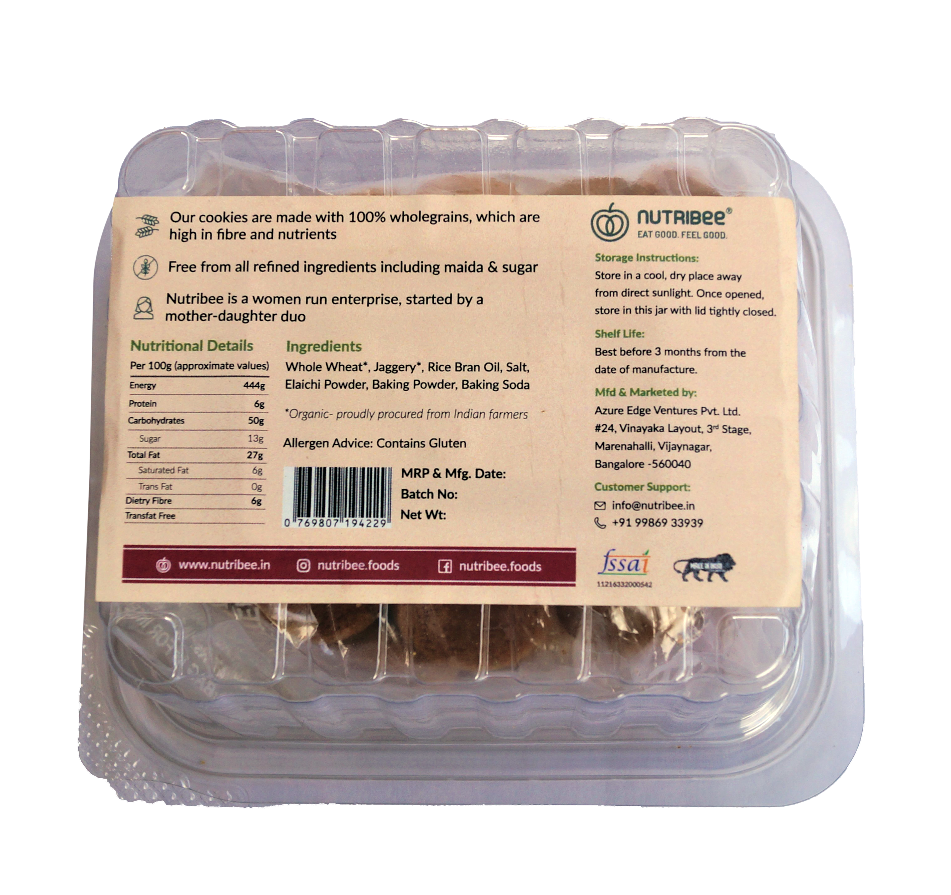 100% Whole Wheat Jaggery Elaichi Cookies | Refined Sugar-Free | Eggless | No Maida | No Preservatives | Fibre Rich | 180g x 2 Pack